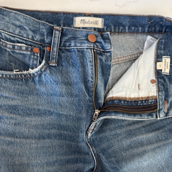 Madewell Petite Classic Straight Leg Jeans Jade Wash Knee-Rip Edition size 26 - Picture 13 of 16